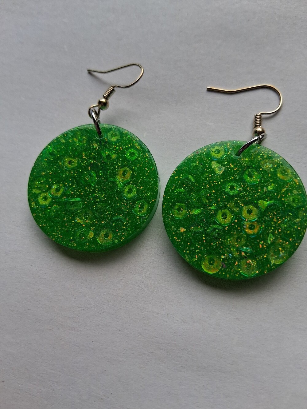 Hand Crafted Green Glitter Round Drop Earrings